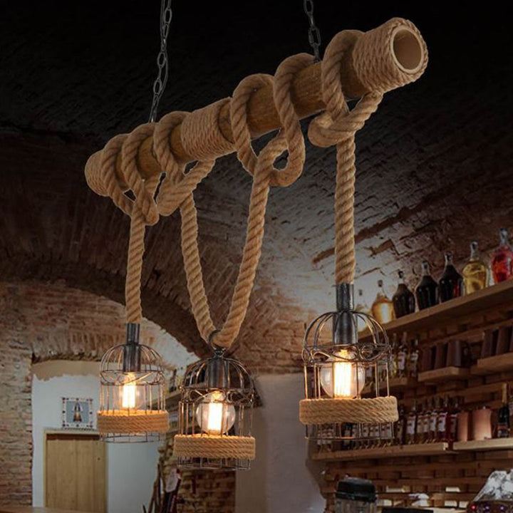 Silva Lampada a Sospensione LED Legno Vintage Corda Canapa Metallo