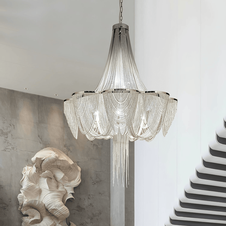 Serein lampadario con catena e frangia in argento