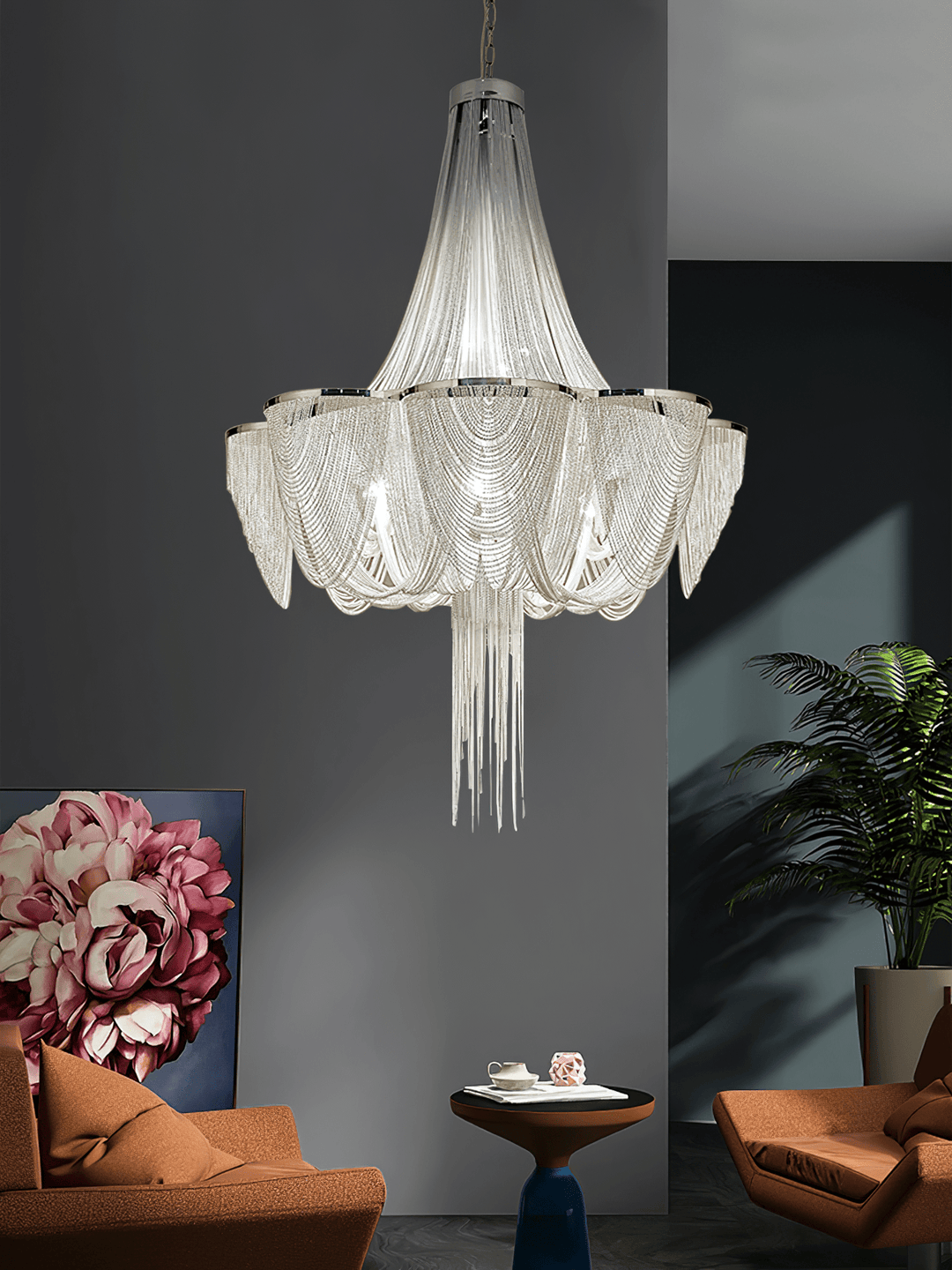 Serein lampadario con catena e frangia in argento