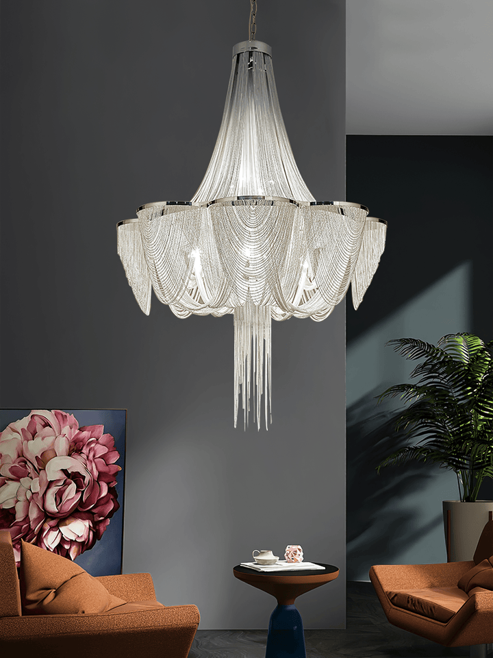 Serein lampadario con catena e frangia in argento