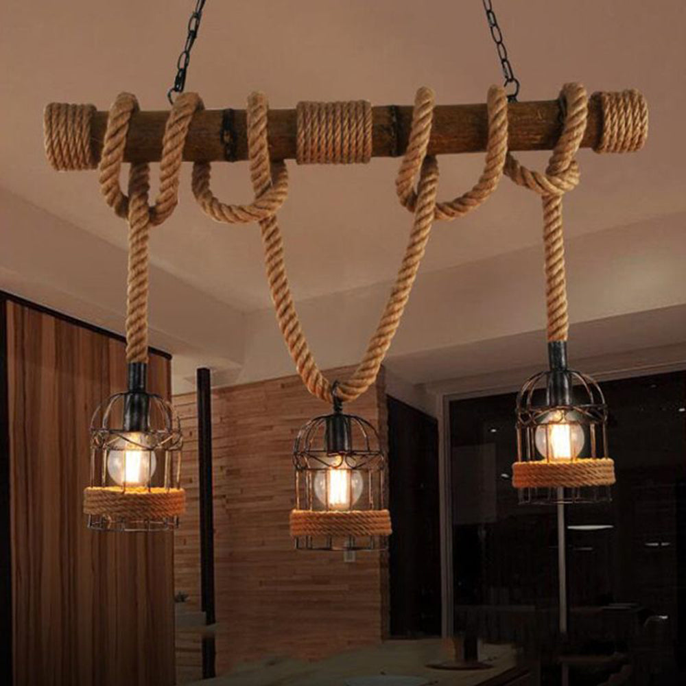 Silva Lampada a Sospensione LED Legno Vintage Corda Canapa Metallo