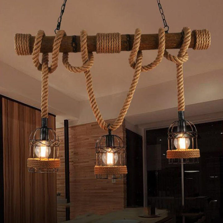 Silva Lampada a Sospensione LED Legno Vintage Corda Canapa Metallo