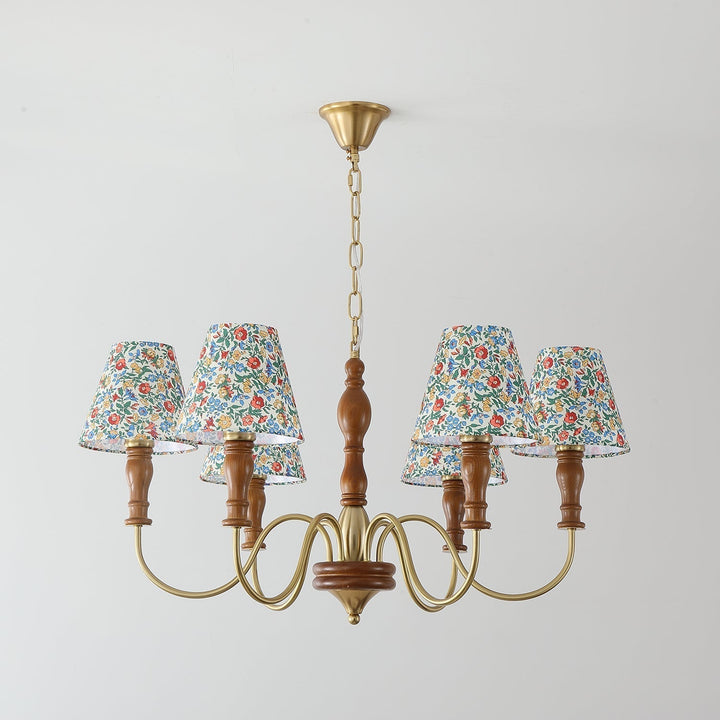 Florinda lampadario con Paralume in tessuto Floreale e Bracci in legno