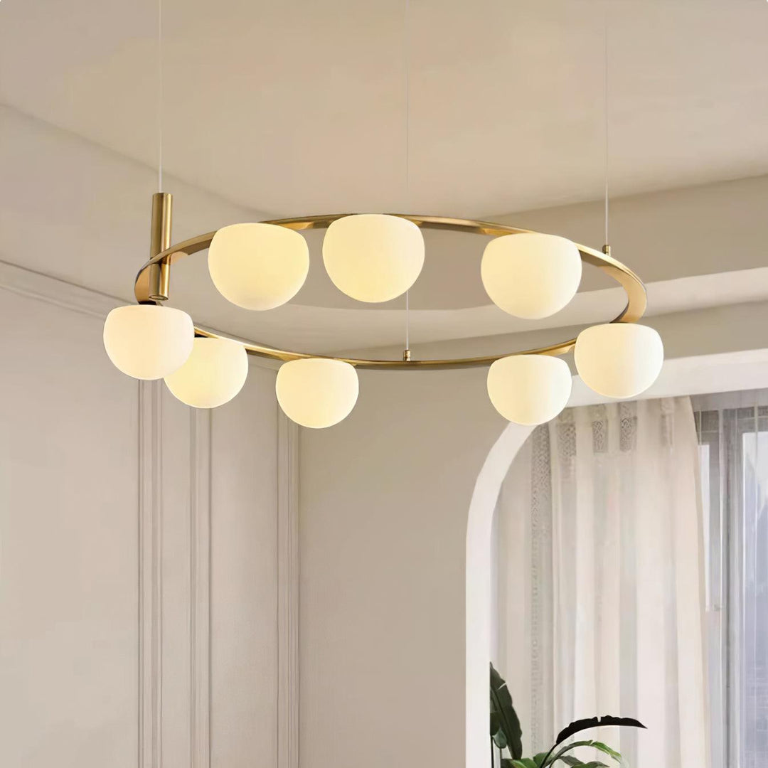 Lampadario globi in vetro Anello Metallico Finitura Oro moderna in metallo