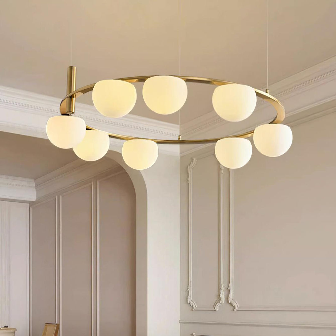 Lampadario globi in vetro Anello Metallico Finitura Oro moderna in metallo