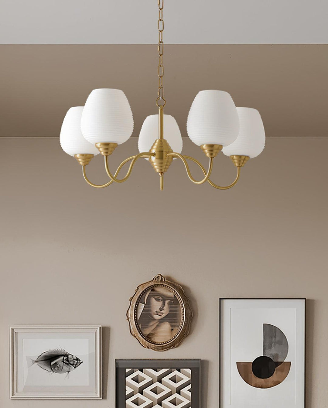 Celenian lampadario ottone Antico vetro bianco