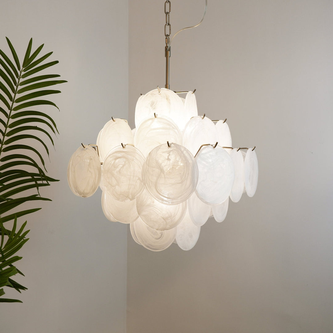 Liorinelle lampadario in vetro bianco Murano a Disco grappolo