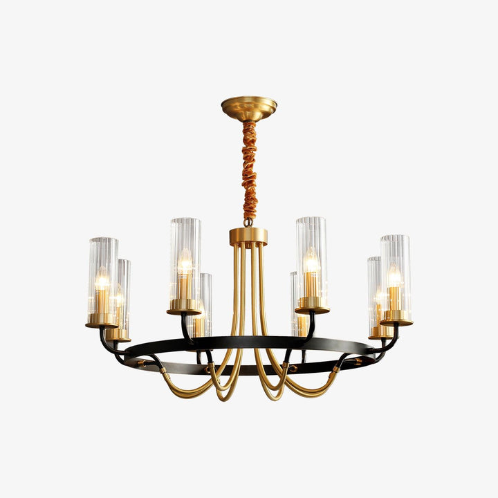 Lampadario con cornice rotonda nera e bracci in ottone, paralumi a coste in vetro