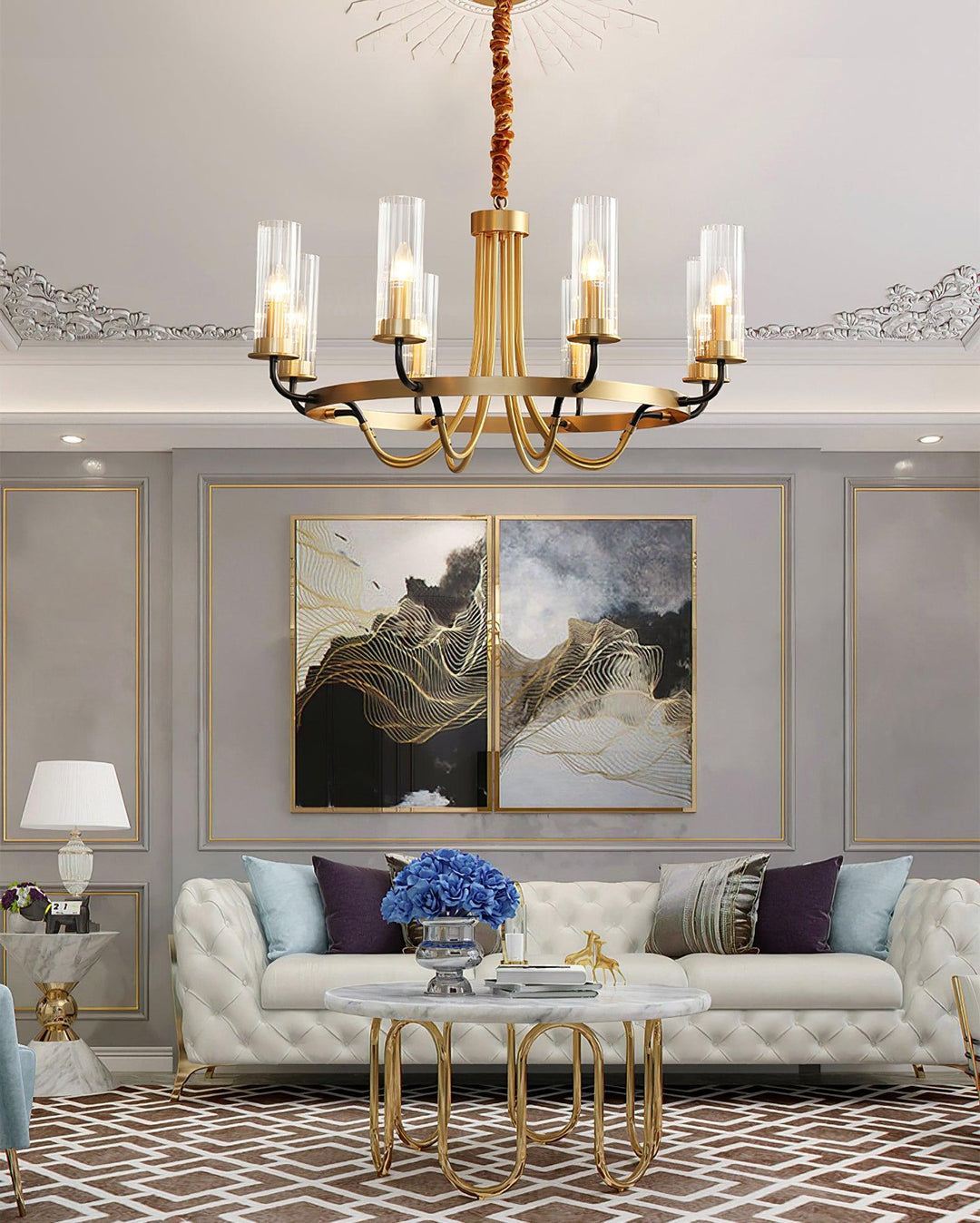 Lampadario con cornice rotonda nera e bracci in ottone, paralumi a coste in vetro