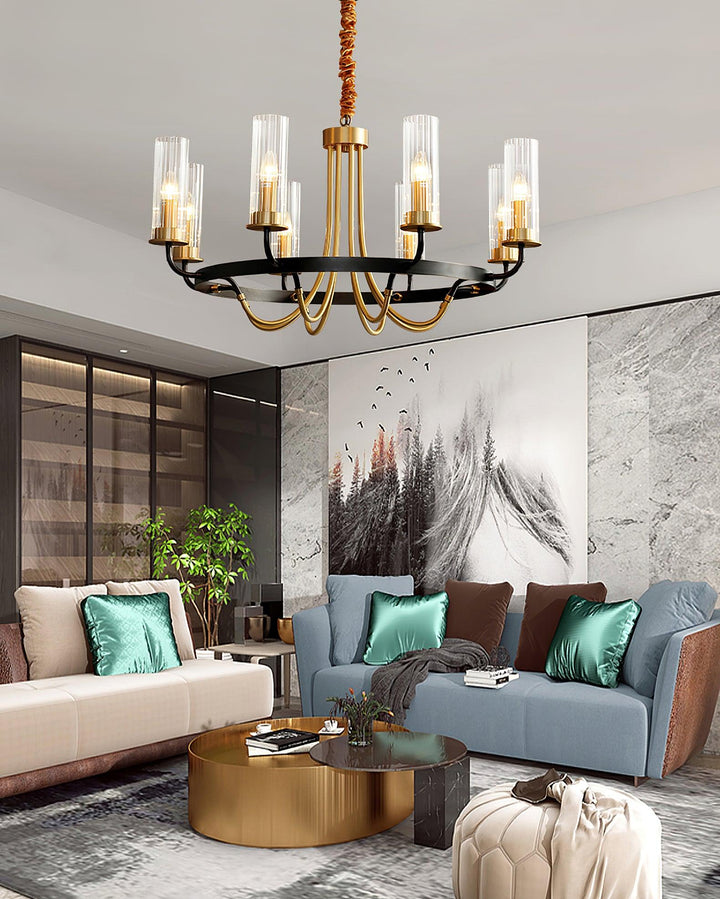 Lampadario con cornice rotonda nera e bracci in ottone, paralumi a coste in vetro