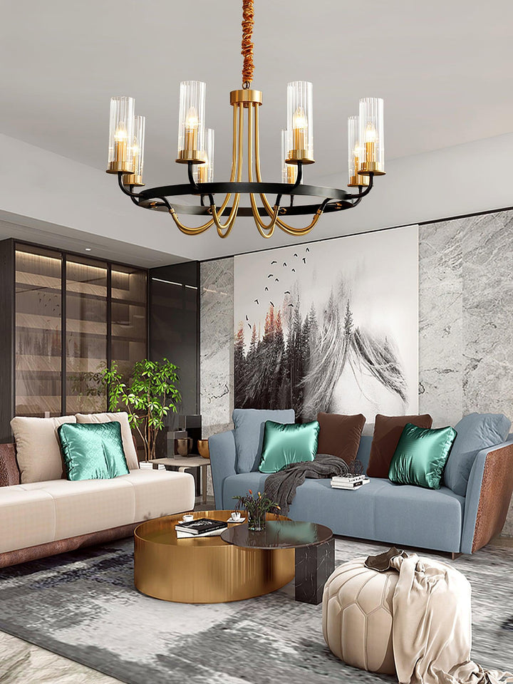 Lampadario con cornice rotonda nera e bracci in ottone, paralumi a coste in vetro