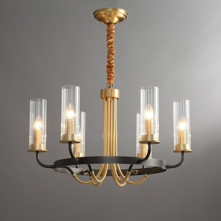 Lampadario con cornice rotonda nera e bracci in ottone, paralumi a coste in vetro