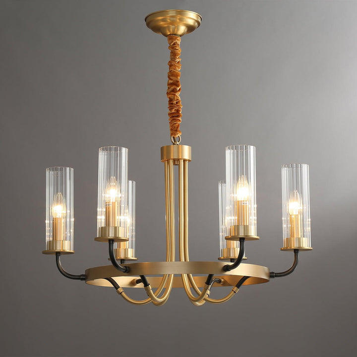 Lampadario con cornice rotonda nera e bracci in ottone, paralumi a coste in vetro