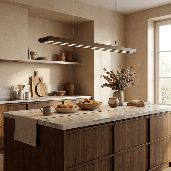 Rinoelia lampada a sospensione lineare in legno color noce