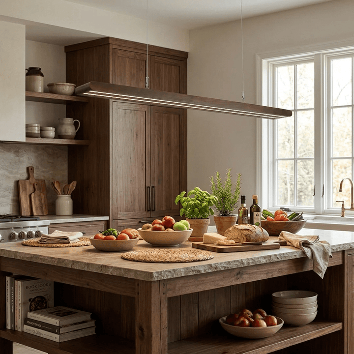 Rinoelia lampada a sospensione lineare in legno color noce