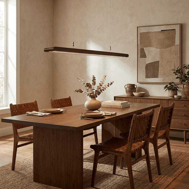 Rinoelia lampada a sospensione lineare in legno color noce