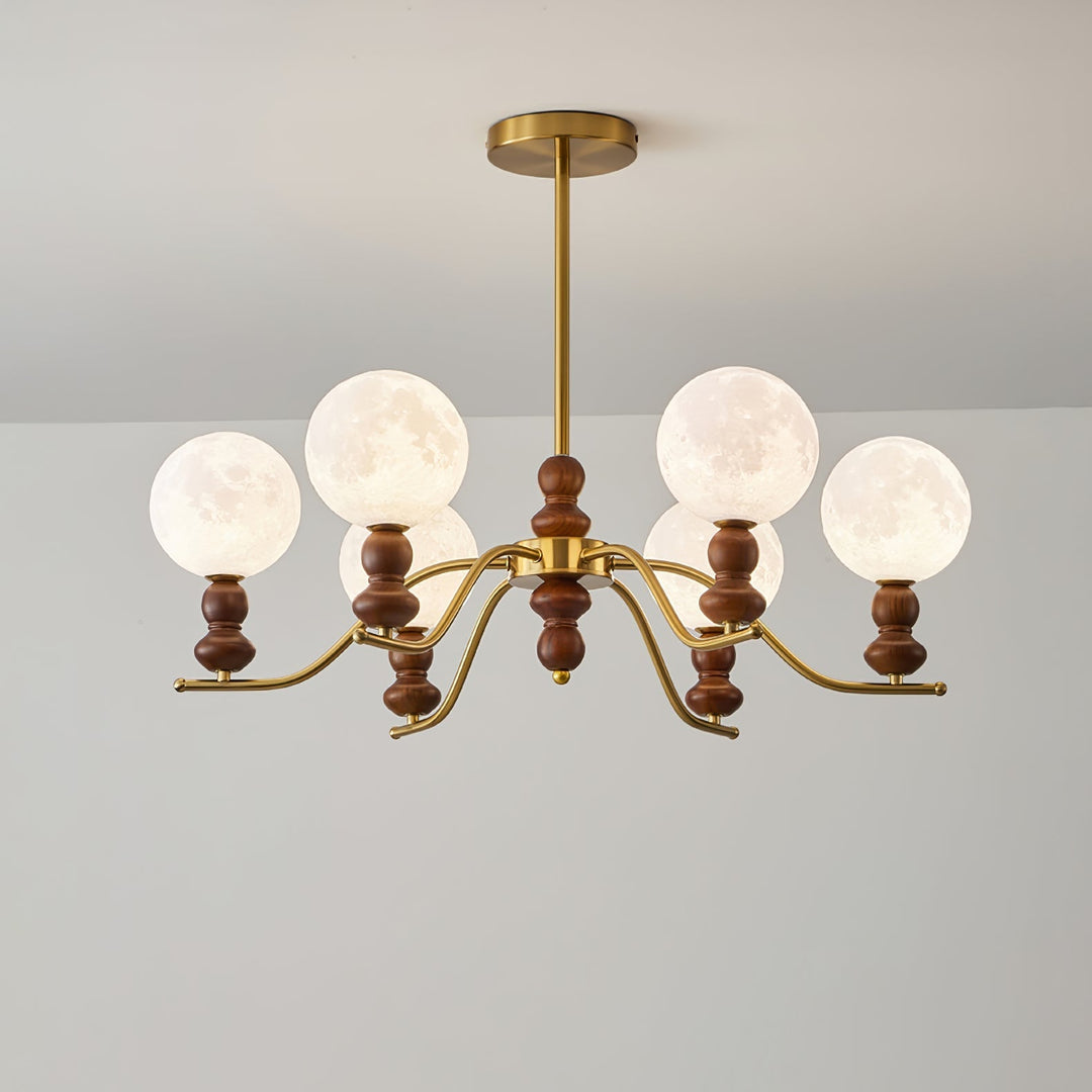 Elvivira lampadario in ottone e legno con globi Lunari Eleganti