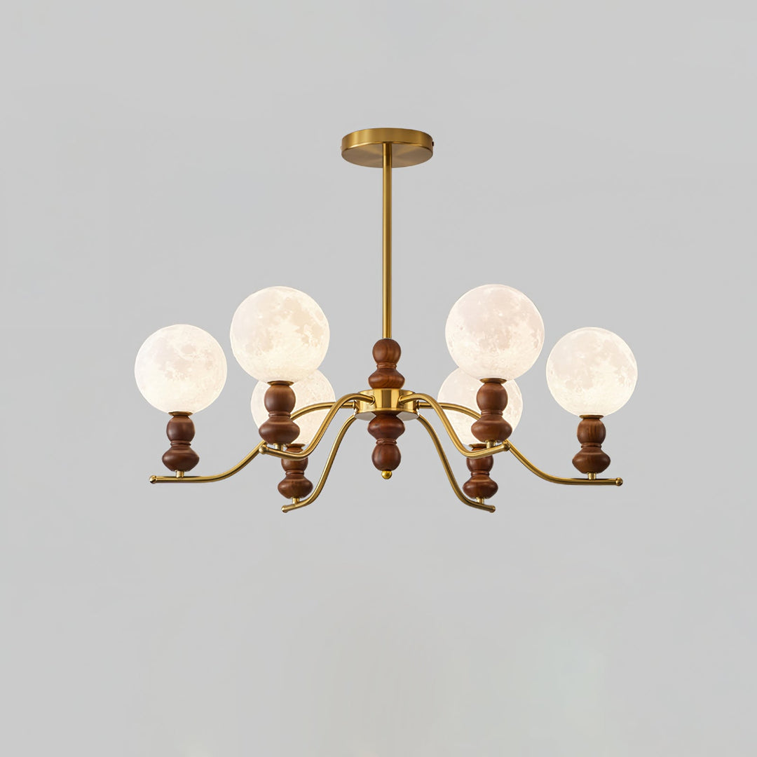 Elvivira lampadario in ottone e legno con globi Lunari Eleganti
