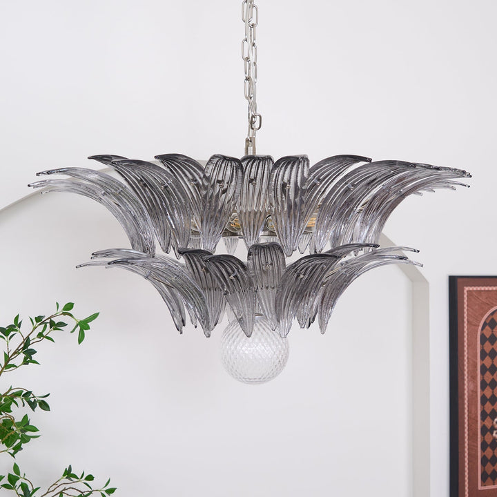 Liororira lampadario Palmette Foglie in vetro Murano Chiaro Stratificato