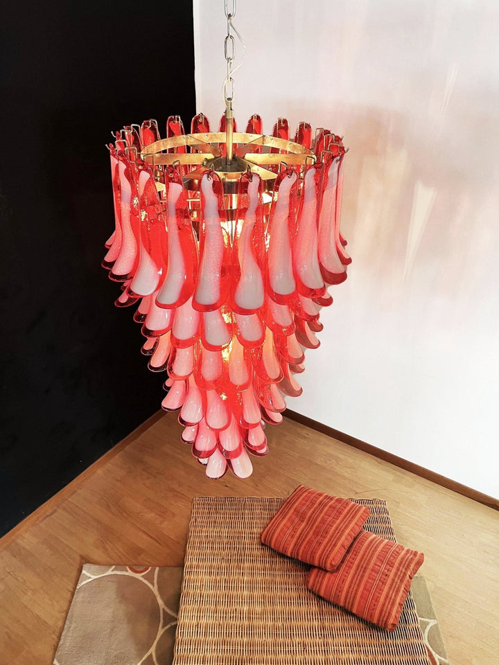 Viraisira lampadario Rosso bianco petali a Spirale Murano