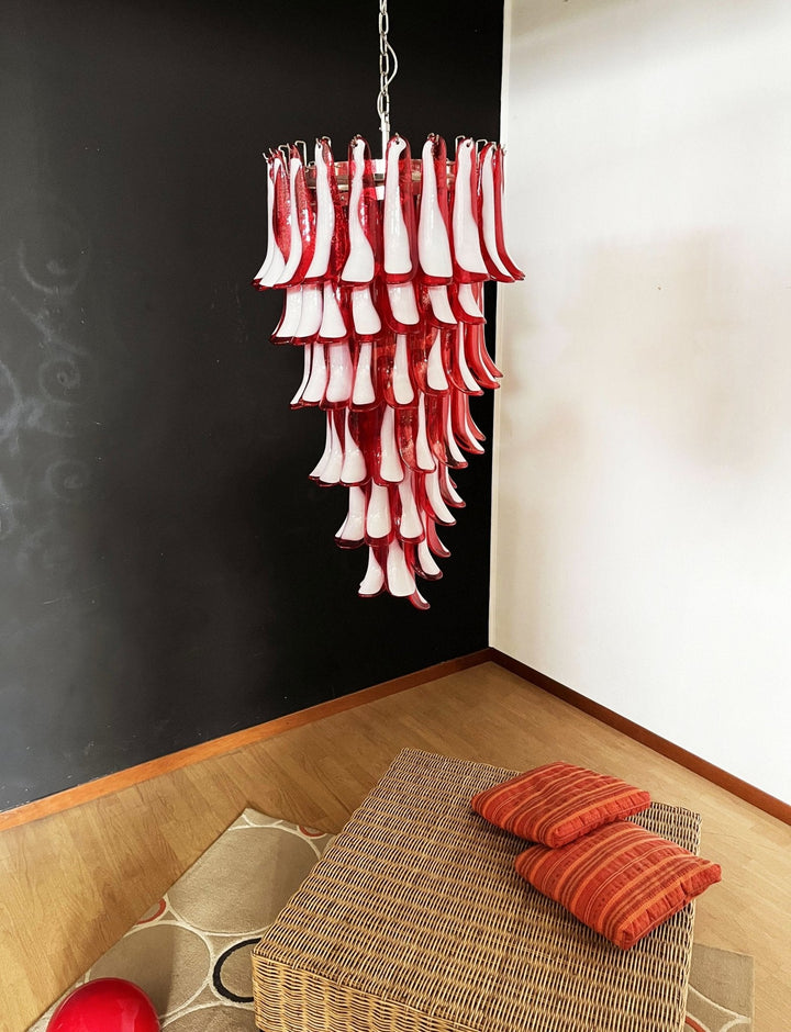 Viraisira lampadario Rosso bianco petali a Spirale Murano