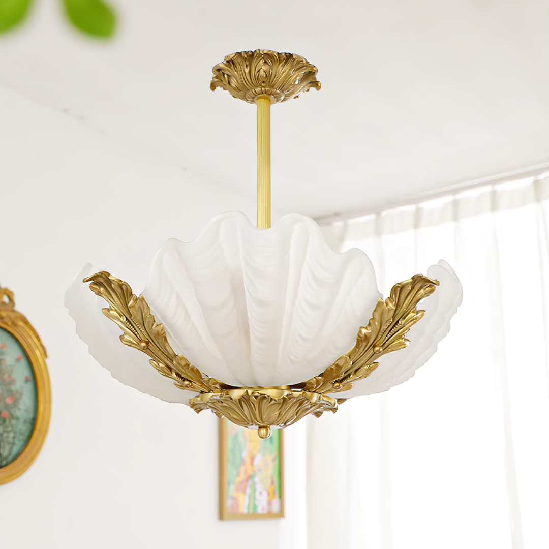 Murano lampada a sospensione guscio rosa barra ottone barocco