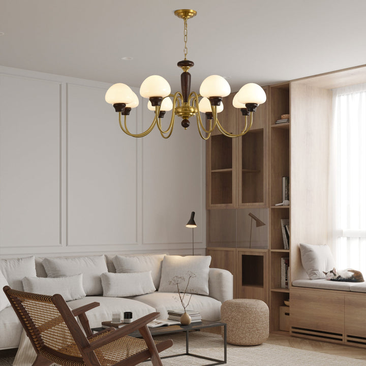 Rinivelle lampadario Braccio ottone Stelo legno Paralume a Fungo classico