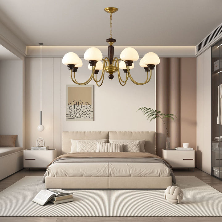 Rinivelle lampadario Braccio ottone Stelo legno Paralume a Fungo classico