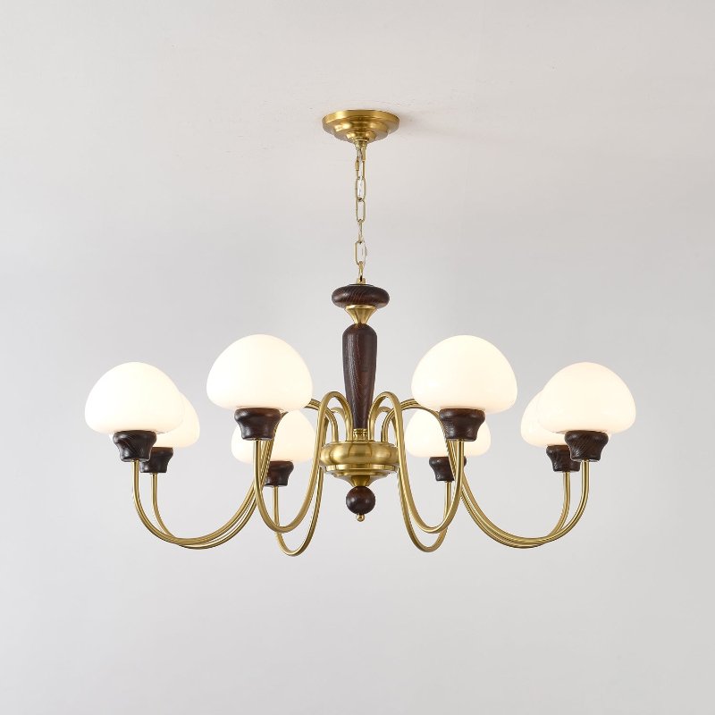 Rinivelle lampadario Braccio ottone Stelo legno Paralume a Fungo classico