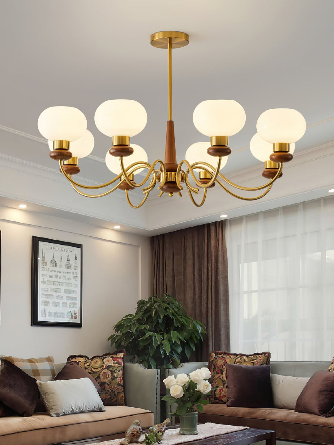 Riniena lampadario in ottone e legno con globo classico
