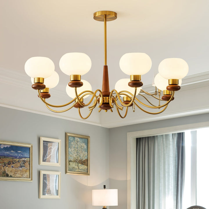 Riniena lampadario in ottone e legno con globo classico