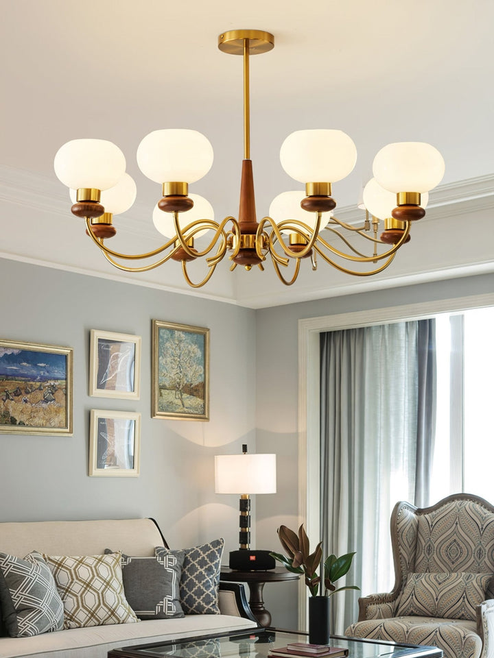Riniena lampadario in ottone e legno con globo classico