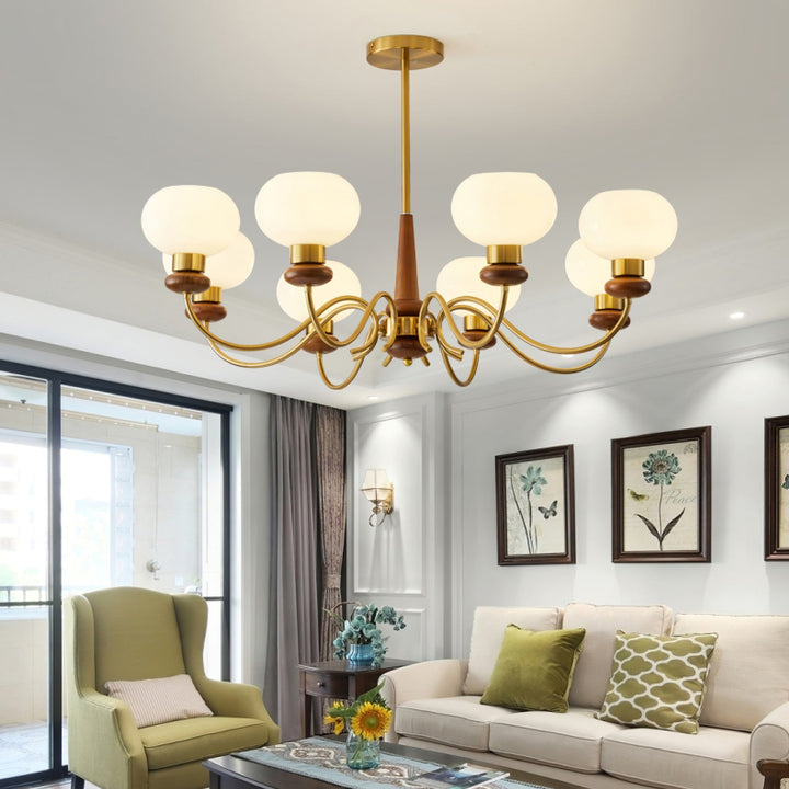 Riniena lampadario in ottone e legno con globo classico
