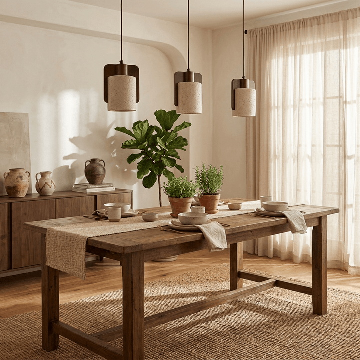 Squircle lampada a sospensione in travertino e legno cilindrico