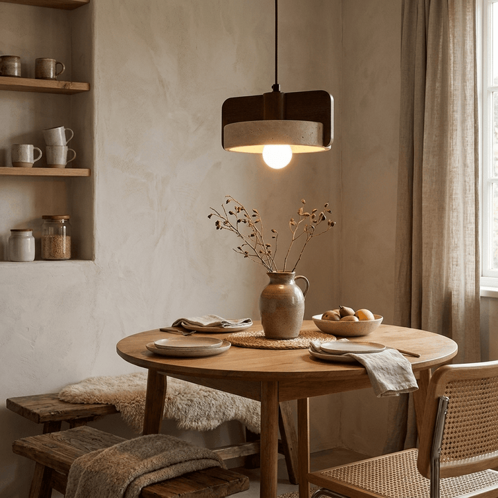 Squircle lampada a sospensione in travertino e legno cilindrico
