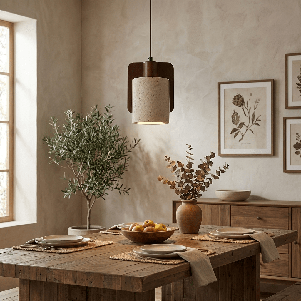 Squircle lampada a sospensione in travertino e legno cilindrico
