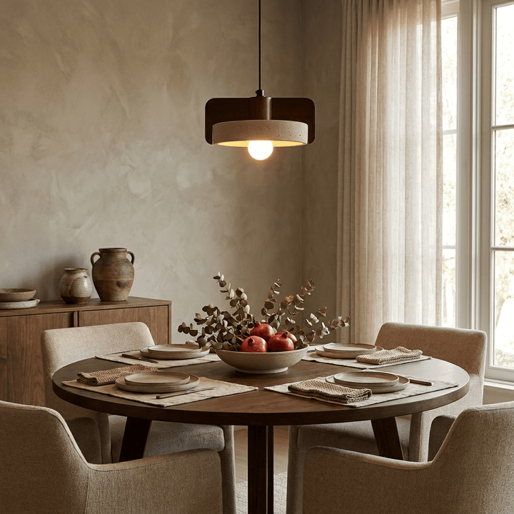 Squircle lampada a sospensione in travertino e legno cilindrico