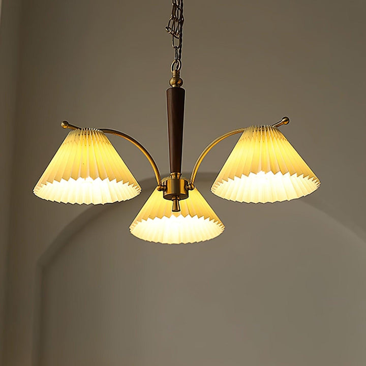 Lampadario Pleated Fabric Shades Walnut ottone Arms Warm Retro in legno