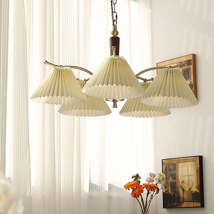 Lampadario Pleated Fabric Shades Walnut ottone Arms Warm Retro in legno