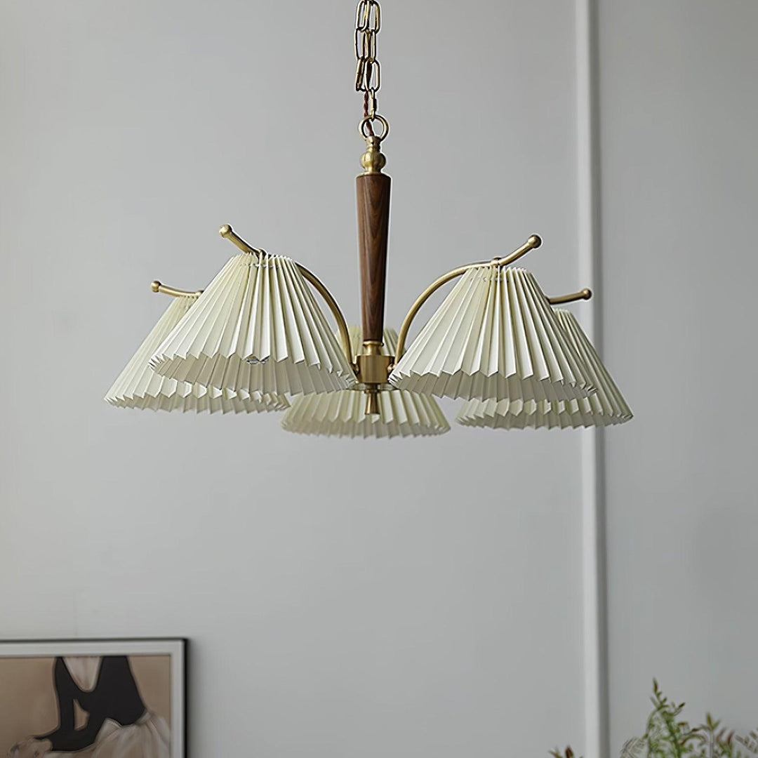 Lampadario Pleated Fabric Shades Walnut ottone Arms Warm Retro in legno