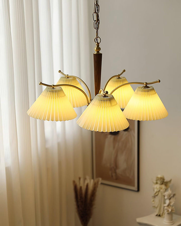 Lampadario Pleated Fabric Shades Walnut ottone Arms Warm Retro in legno