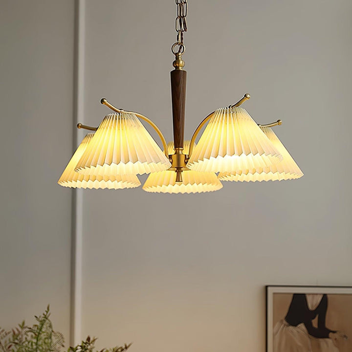 Lampadario Pleated Fabric Shades Walnut ottone Arms Warm Retro in legno
