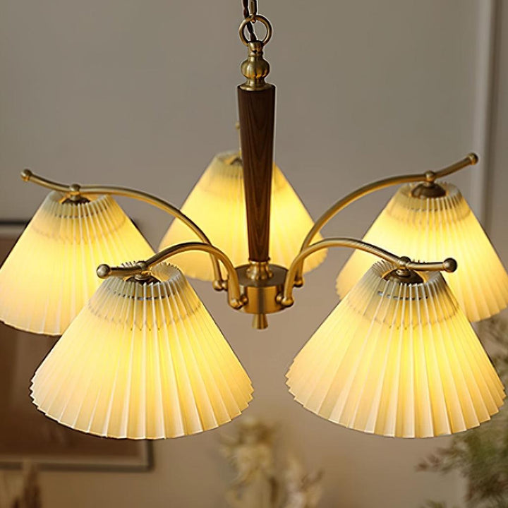 Lampadario Pleated Fabric Shades Walnut ottone Arms Warm Retro in legno
