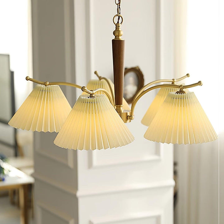 Lampadario Pleated Fabric Shades Walnut ottone Arms Warm Retro in legno