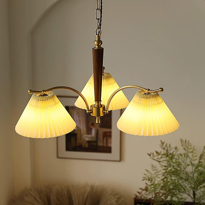 Lampadario Pleated Fabric Shades Walnut ottone Arms Warm Retro in legno