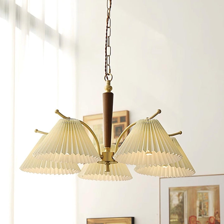 Lampadario Pleated Fabric Shades Walnut ottone Arms Warm Retro in legno