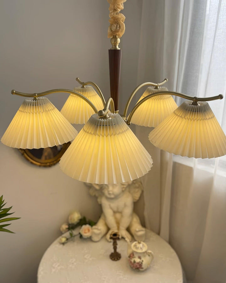 Lampadario Pleated Fabric Shades Walnut ottone Arms Warm Retro in legno