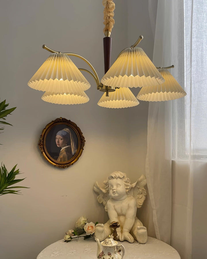 Lampadario Pleated Fabric Shades Walnut ottone Arms Warm Retro in legno