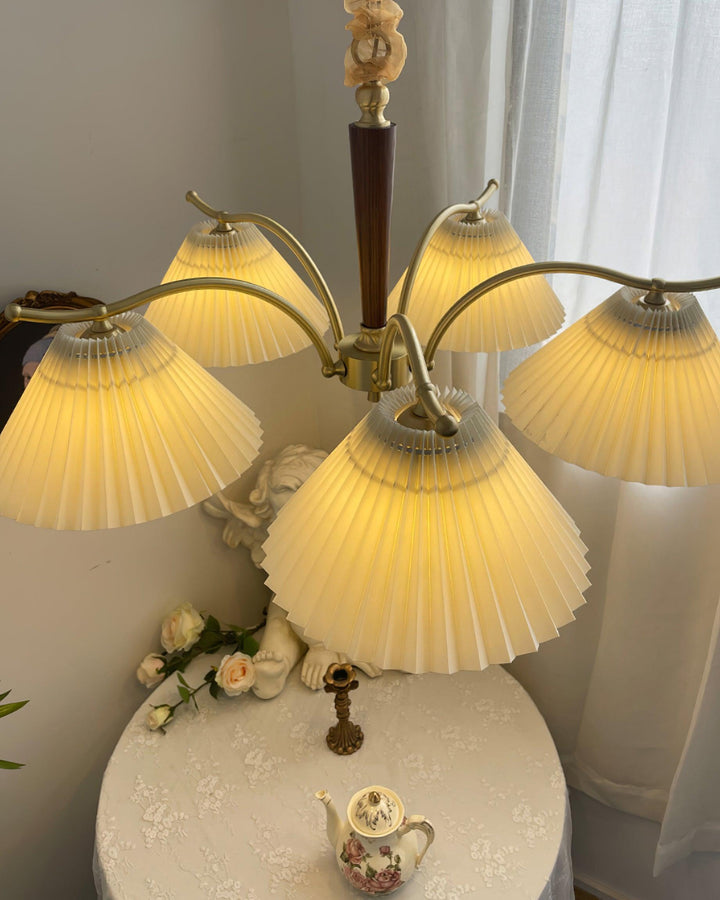 Lampadario Pleated Fabric Shades Walnut ottone Arms Warm Retro in legno