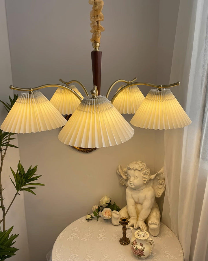 Lampadario Pleated Fabric Shades Walnut ottone Arms Warm Retro in legno